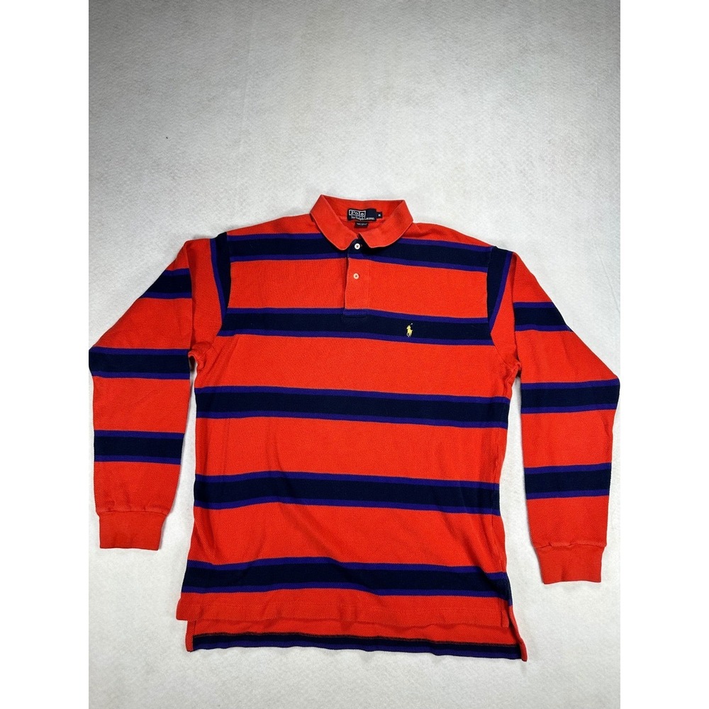 Polo Ralph Lauren Mens XL Orange Navy Blue Stripe Long Sleeve Rugby Polo Shirt